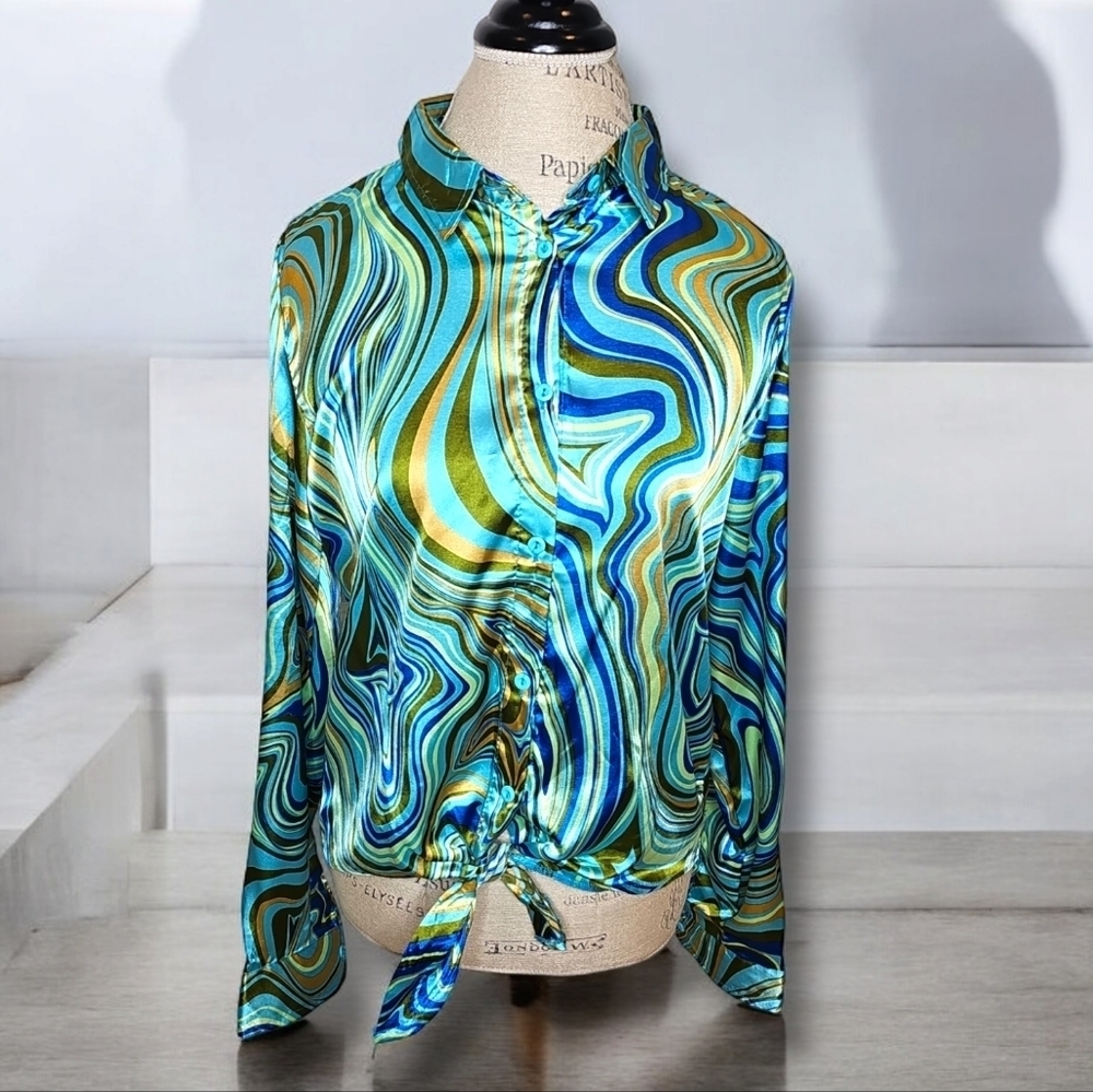 Birch And Stone Blue And Green Marbled Button-Down Long-Sleeve Blouse - Size L